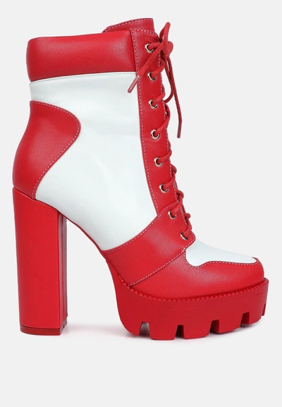 London Rag Moos Cow Printed Lace-up Block Heel Boots In Red