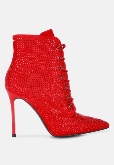 London Rag Head On Faux Suede Diamante Ankle Boots In Red