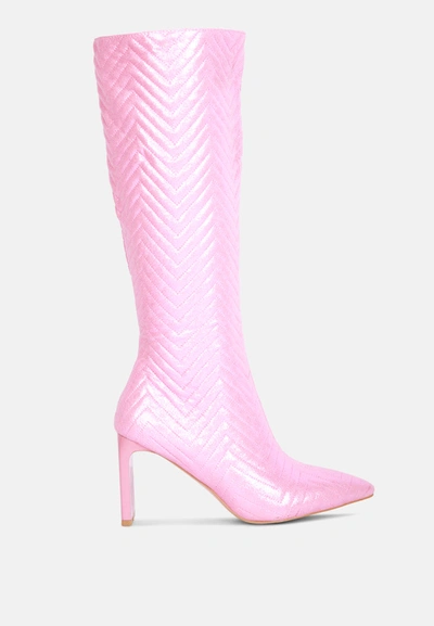 London Rag Prinkles Quilted High Italian Block Heeled Calf Boots In Pink