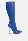 London Rag Hale Faux Leather Pointed Heel Calf Boots In Blue