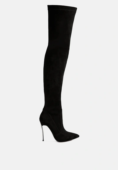 London Rag Jaynetts Stretch Suede Micro High Knee Boots In Black
