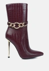 London Rag Nicole Croc Patterned High Heeled Ankle Boots In Burgundy