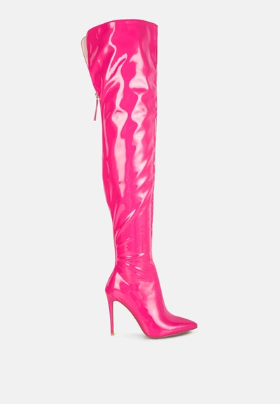 London Rag Eclectic Patent Pu Long Stiletto Boots In Neon Pink
