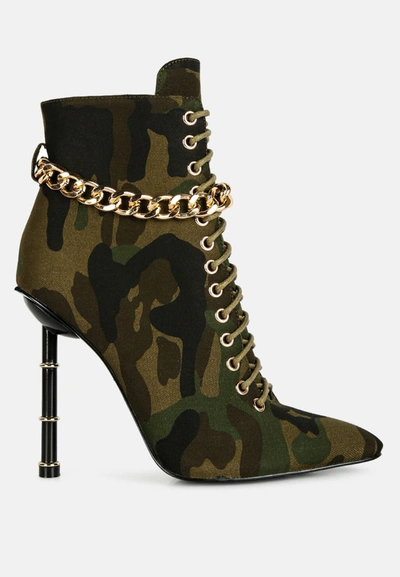 London Rag Moulin Ringed Stiletto Camouflage Ankle Boot In Green