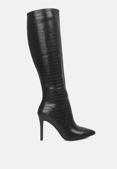 London Rag Indulgent High Heeled Croc Calf Boots In Black