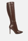 London Rag Wheedle Croc High Heeled Calf Boots In Brown