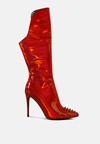 London Rag Forbidden Gold Stud Stiletto Calf Boots In Red