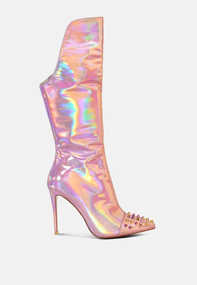 London Rag Forbidden Stud Stiletto Calf Boots In Pink