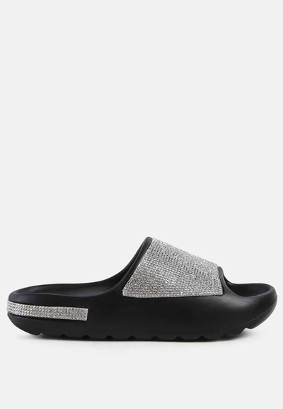 London Rag Dumba Diamante Pool Sliders In Black