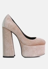 London Rag Old Novelty Platform Heel Velvet Pumps In Beige