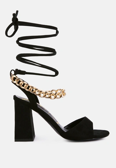 London Rag Gone Gurl Chain Detail Tie Up Block Heels Sandal In Black