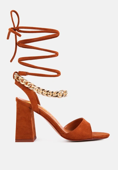London Rag Gone Gurl Chain Embellishment Tie Up Block Heel Sandals In Mocca