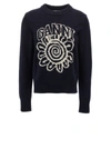 Ganni Blue Sweater With Intarsia Logo Detail In Wool Blend Woman