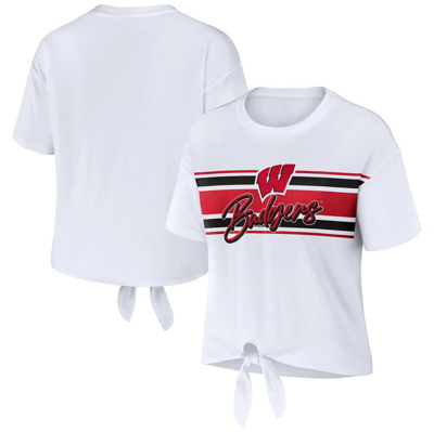 Wear By Erin Andrews White Wisconsin Badgers Striped Front Knot Cropped T-shirt
