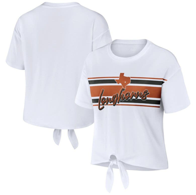 WEAR BY ERIN ANDREWS WEAR BY ERIN ANDREWS WHITE TEXAS LONGHORNS STRIPED FRONT KNOT CROPPED T-SHIRT