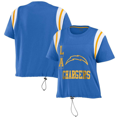 WEAR BY ERIN ANDREWS WEAR BY ERIN ANDREWS POWDER BLUE LOS ANGELES CHARGERS CINCHED COLORBLOCK T-SHIRT
