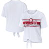 WEAR BY ERIN ANDREWS WEAR BY ERIN ANDREWS WHITE ALABAMA CRIMSON TIDE STRIPED FRONT KNOT CROPPED T-SHIRT