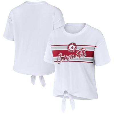 Wear By Erin Andrews Women's  White Alabama Crimson Tide Striped Front Knot Cropped T-shirt