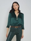 L'agence Dani Silk Satin 3/4-sleeve Button-down Blouse In Forest Green