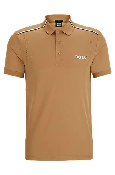 Hugo Boss X Matteo Berrettini Slim-fit Polo Shirt With Signature Stripes In Brown