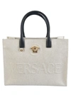Versace La Medusa Logo Canvas Tote Bag In Black/ Gold