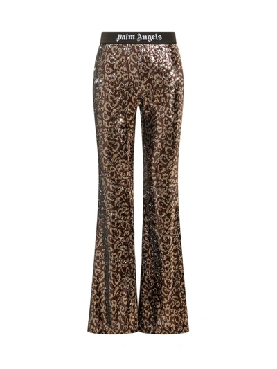 Palm Angels Logo Tape Sequins Flare Trousers In Brown Black