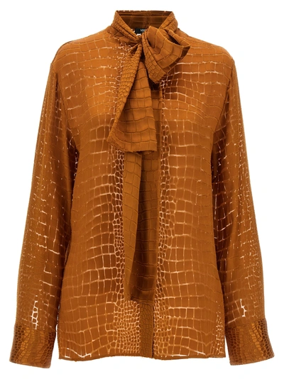Versace Croc-effect Scarf-tie Blouse In Brown