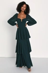 Lulus Tier To Enchant Emerald Green Long Sleeve Tiered Maxi Dress In Emerald Green