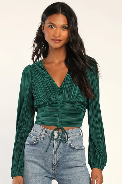 Lulus Gorgeous Glamour Emerald Green Plisse Satin Long Sleeve Top