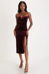 LULUS SULTRY ELEGANCE PLUM PURPLE VELVET BUSTIER BODYCON MIDI DRESS