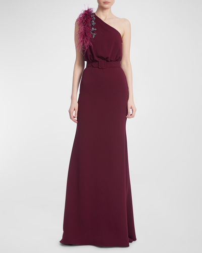 Badgley Mischka Women's Feather & Crystal Embellished One-shoulder Gown In Wine