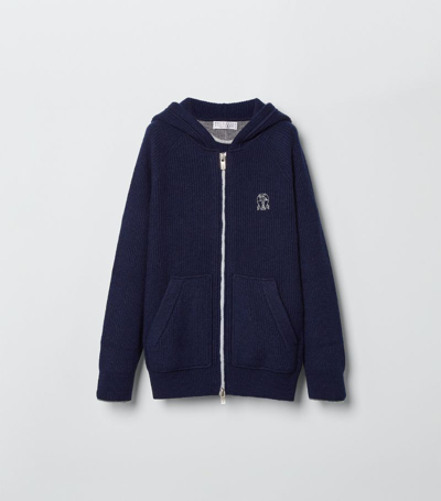 Brunello Cucinelli Kids' Logo-embroidered Ribbed Cashmere Hoodie In Blue