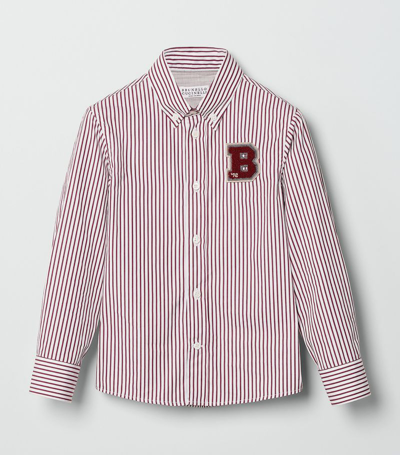 Brunello Cucinelli Kids' Logo-patch Striped Cotton Shirt In White