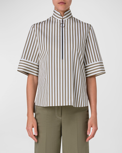 Akris Punto Kodak Striped Cotton Popeline Short-sleeve Zip Shirt In Sage-cream
