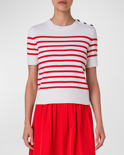 Akris Punto Kodak Stripe Short-sleeve Button-shoulder Cashmere Sweater In Cream-red