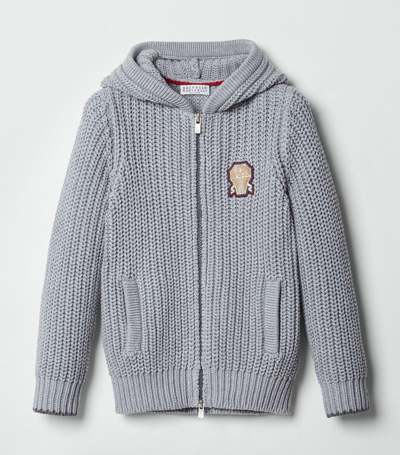 Brunello Cucinelli Kids' Logo-patch Cotton Cardigan In Grey