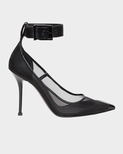 Alexander Mcqueen Mesh Buckle-cuff Stiletto Pumps In Black