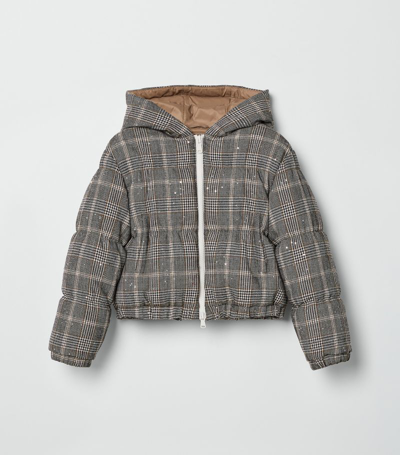 Brunello Cucinelli Kids' Hooded Checked Padded Jacket In Black