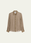Marine Serre Moon Diamant Sheer Silk Crepon Button-up Shirt In Brown Pattern