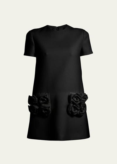 Valentino Crepe Couture Mini Dress With Floral Applique Details In Black