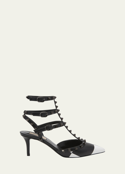 Valentino Garavani Checkerboard Rockstud Gladiator Pumps In A01 Bianco/nero