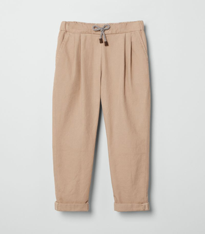 Brunello Cucinelli Kids' Drawstring-waist Cotton Trousers In Light Brown