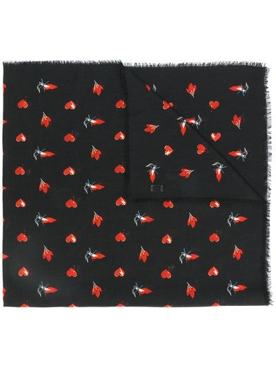 Saint Laurent Red Heart, Lightning Bolt And Flame Print Scarf