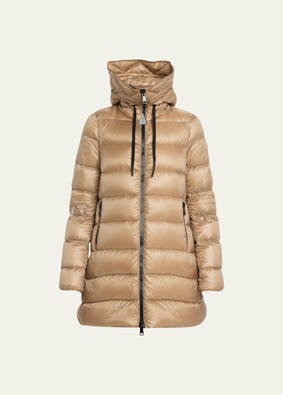 Moncler Suyen Hooded Long Down Parka In Brown