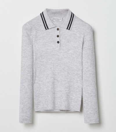 Brunello Cucinelli Kids' Long-sleeved Ribbed Polo Shirt In Grey