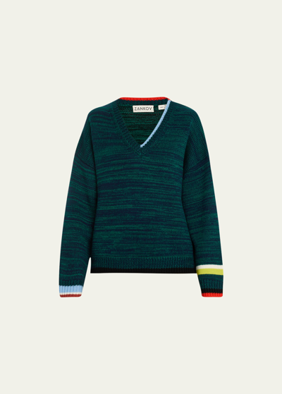 Zankov Yoni Colorblock Wool Sweater In Dark Green Multi