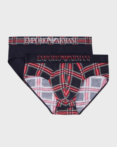 Emporio Armani Armani Cotton Blend Logo Waistband Regular Fit Briefs, Pack Of 2 In Plaid/marine