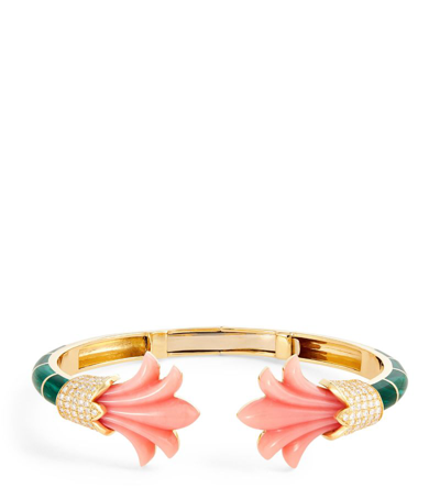 L'atelier Nawbar Yellow Gold, Diamond, Coral And Malachite Psychedeliah Bangle In Pink