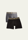 Versace Two-pack Greca Border Long Boxer Trunks In Black/gray