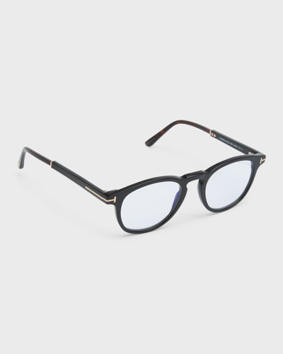 Tom Ford Men's 49mm Blue-block Optical Round Glasses In Black